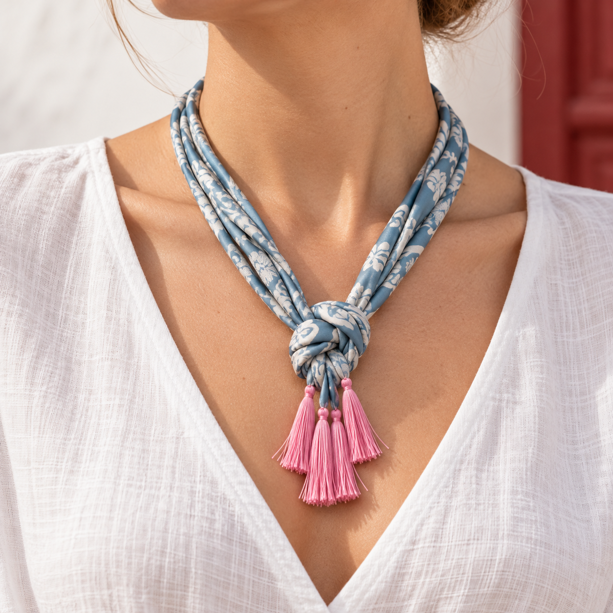 Diseño conceptual de collar de tela celeste con flecos rosa; categoría próximamente